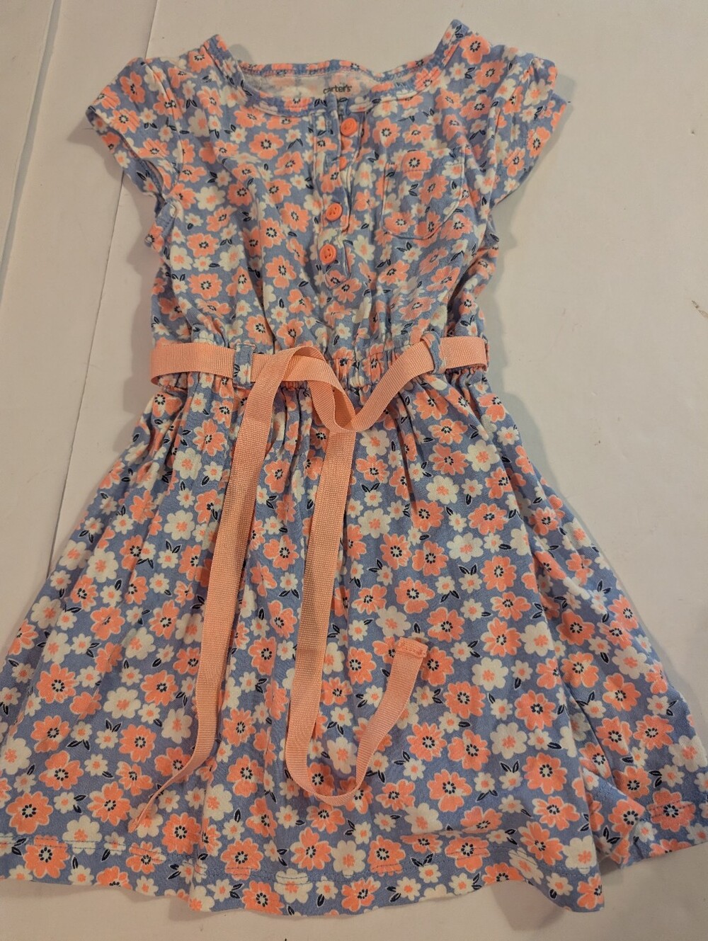 Carter's Peach and Blue Floral Belted Dress Sz 3T